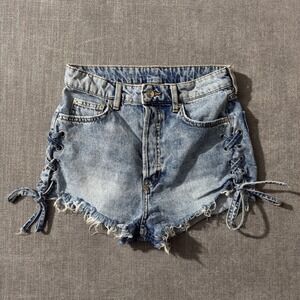 Divided H&M Denim Shorts Women Size 4 Light Wash Lace Up Raw Hem‎